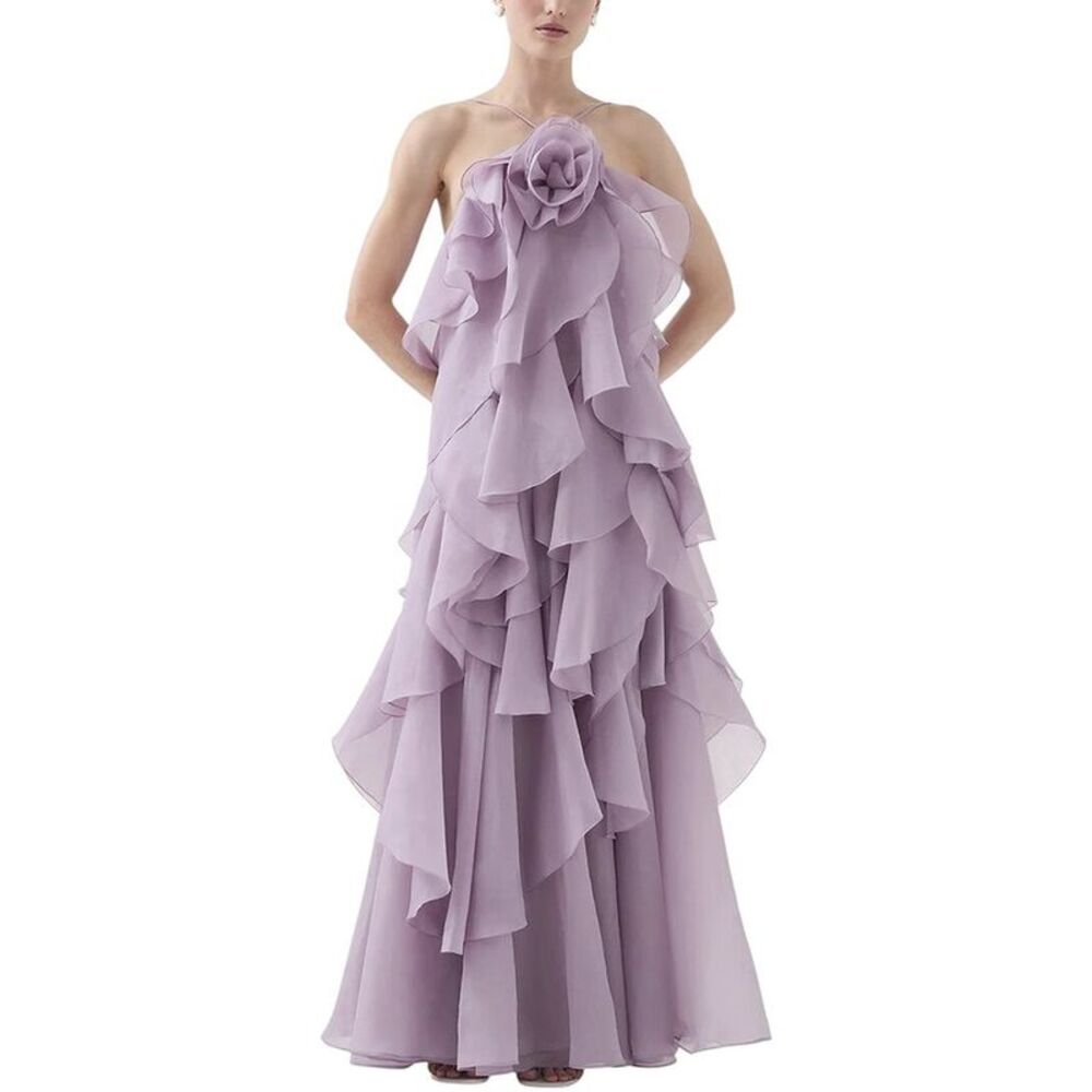 Lavender Ruffled Maxi Dress with Floral Accent